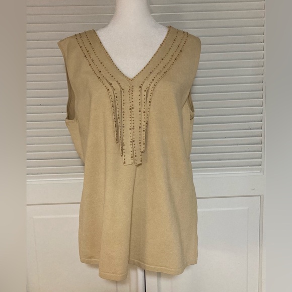 EC Reba Tan Sleeveless Silk Sweater With Front Fringe & Sequins Size XL - Picture 2 of 10